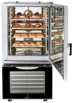 Печь конвекционная ABAT КЭП-10П-01 на расстоечном шкафу с продуктом и открытой дверцей в ШефСтор (chefstore.ru)